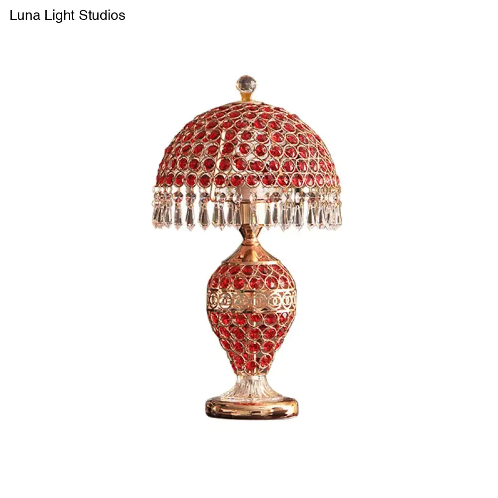 Retro Red Crystal Night Lamp with Gold Dome Lampshade: Table Light with Droplet