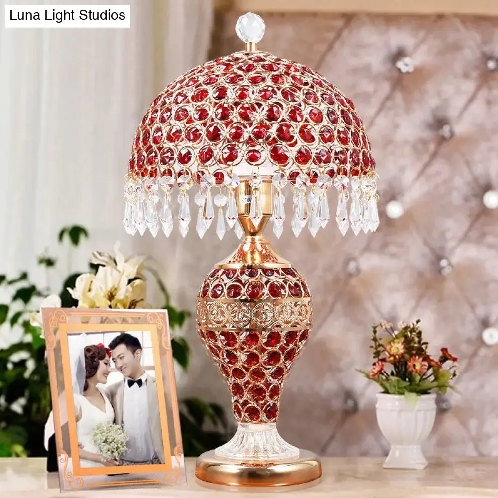 Retro Red Crystal Night Lamp with Gold Dome Lampshade: Table Light with Droplet