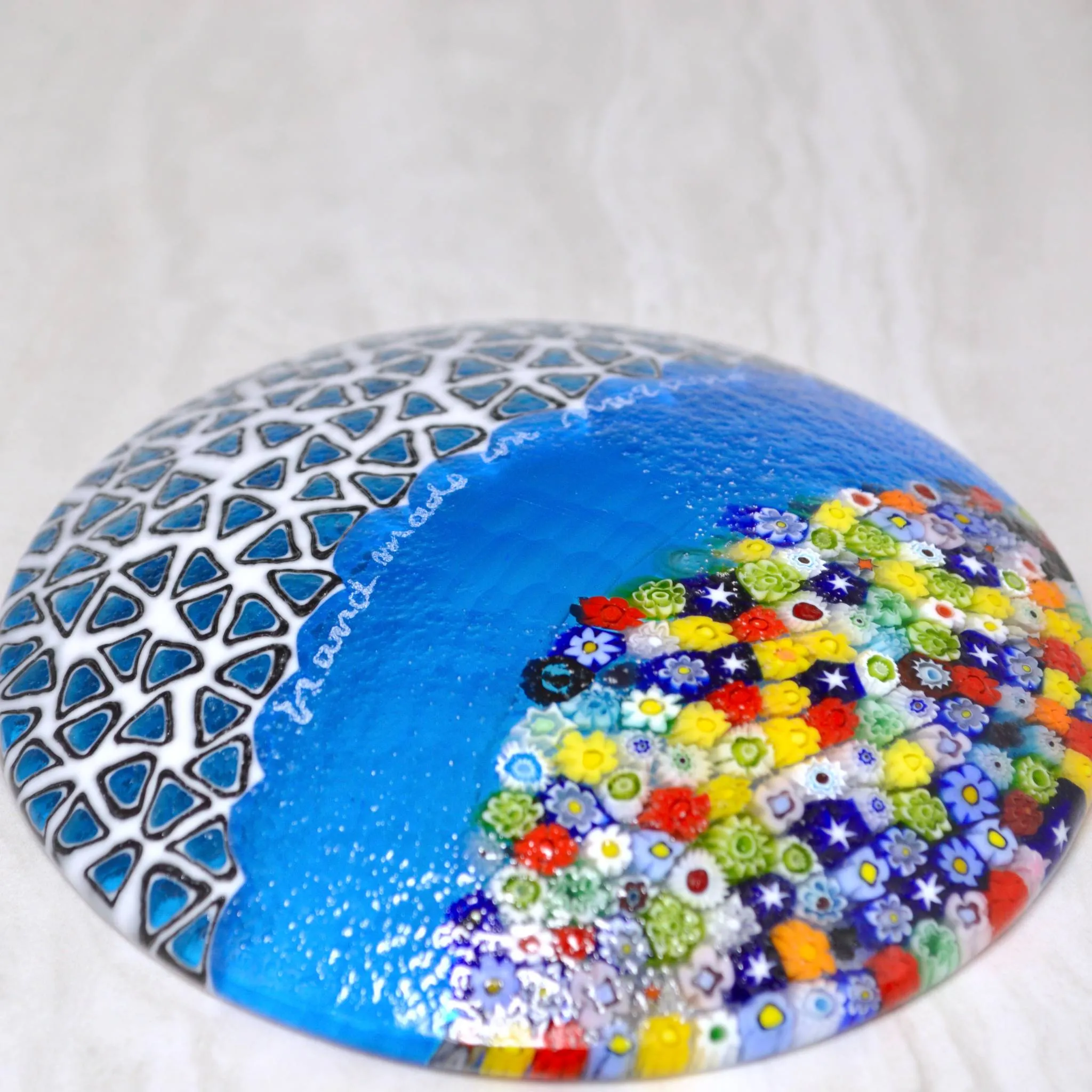 Round Murano Glass Luca Dish with Millefiori, Sky Blue, Signed by the artist