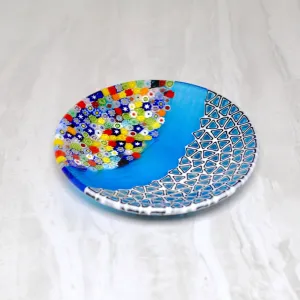 Round Murano Glass Luca Dish with Millefiori, Sky Blue, Signed by the artist