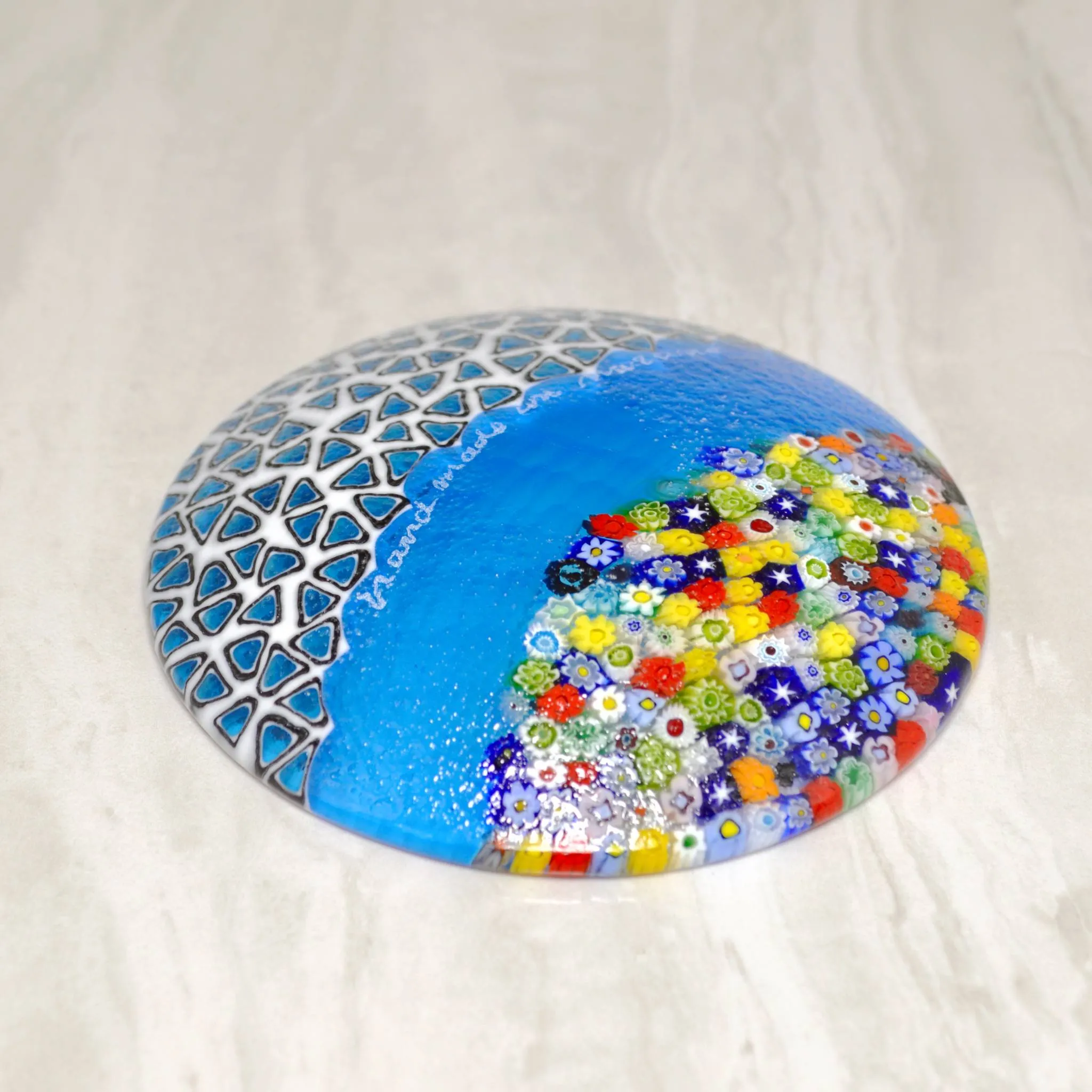 Round Murano Glass Luca Dish with Millefiori, Sky Blue, Signed by the artist