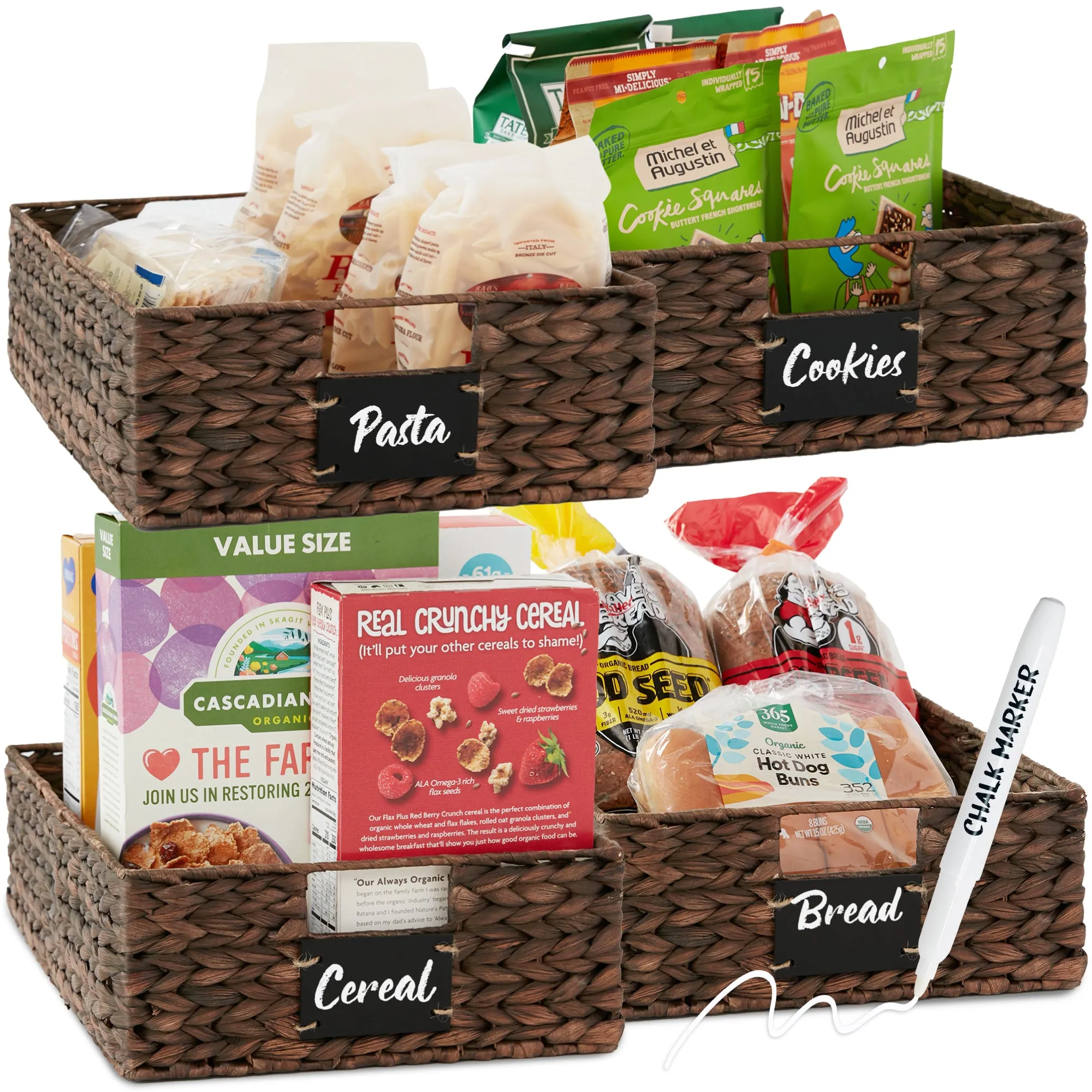 Set of 4 Water Hyacinth Pantry Baskets w/ Chalkboard, Chalk Marker