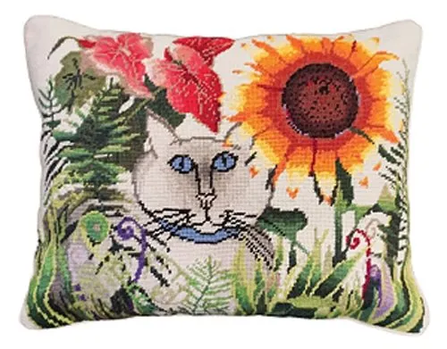 Sunflower Garden Cat Handcrafted Needlepoint Pillow (16"x20”)