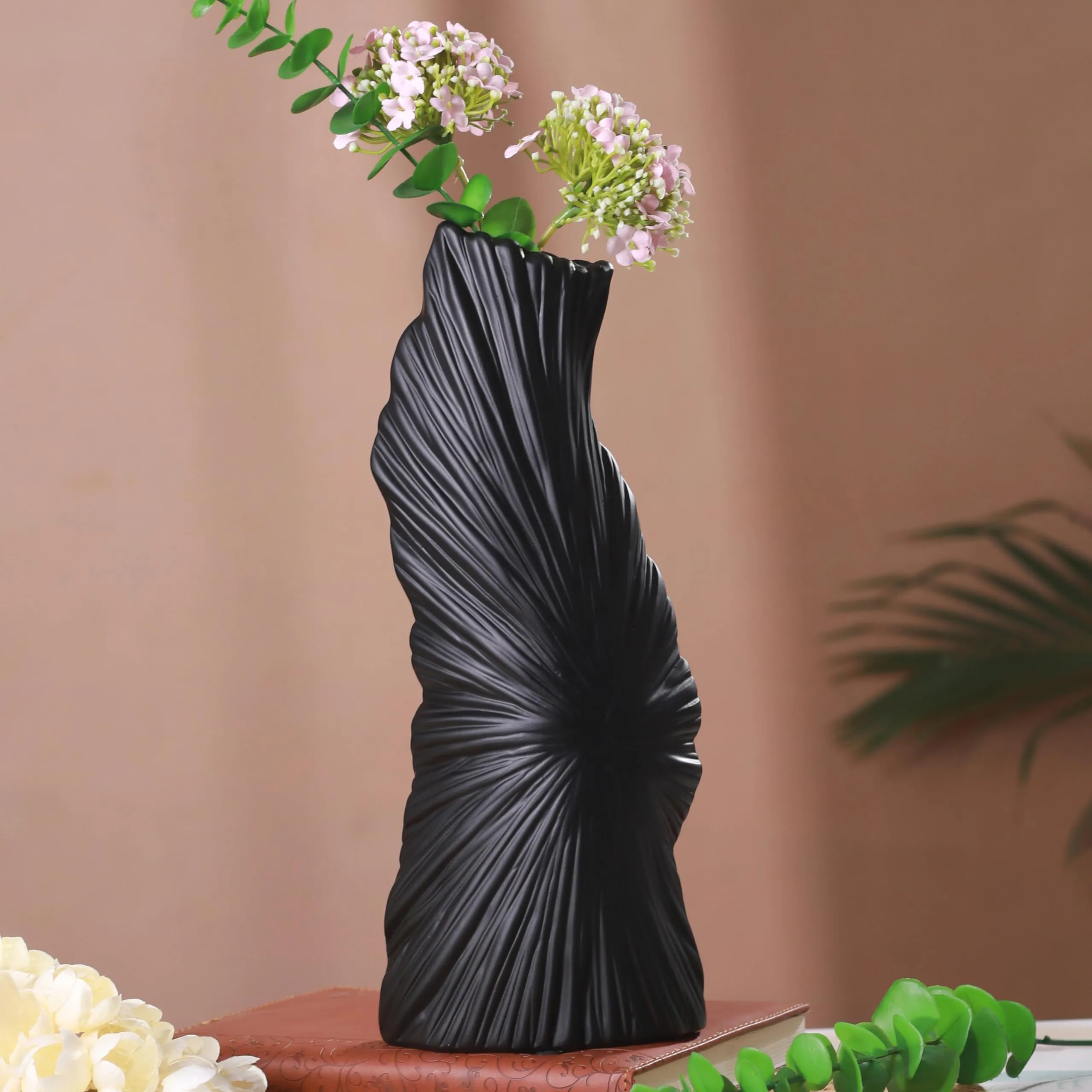 TIED RIBBONS Spiral Ceramic Vase for Flowers Plants Home Decor Living Room Bedroom Centrepiece Office Table Decoration Items (Black, 27.9 cm x 12cm)