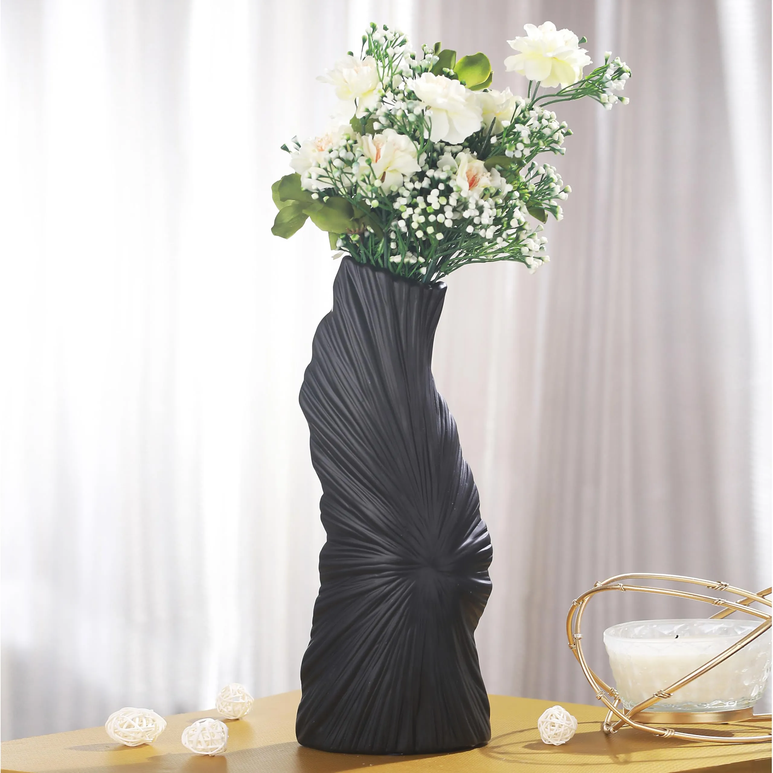 TIED RIBBONS Spiral Ceramic Vase for Flowers Plants Home Decor Living Room Bedroom Centrepiece Office Table Decoration Items (Black, 27.9 cm x 12cm)