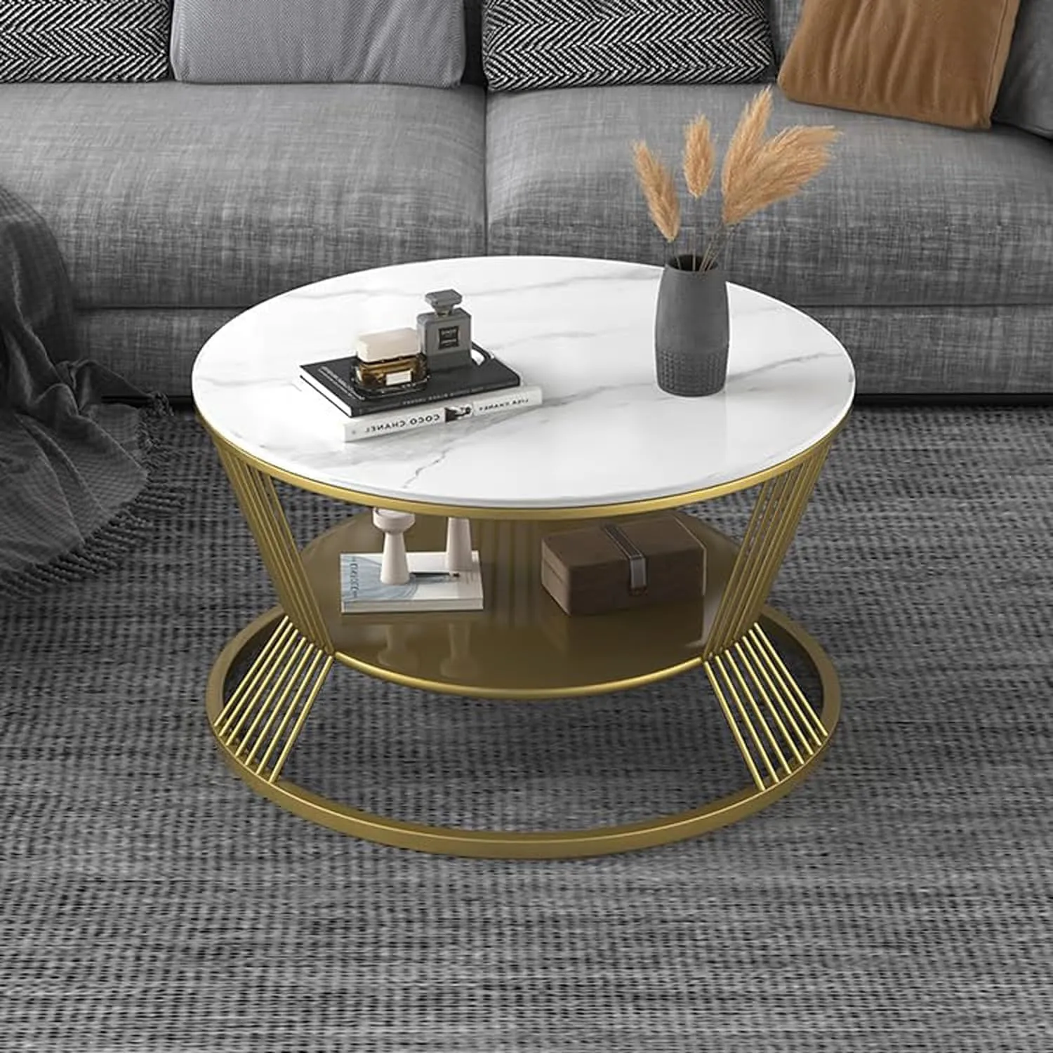 Welltrade Shoppee Modern Marble Round Coffee Table Double -Layer 2 Tier Sofa Center Table Modest Luxury Tea Coffee Table Perfect for Living Room Gold Metal Frame (Gold & White)