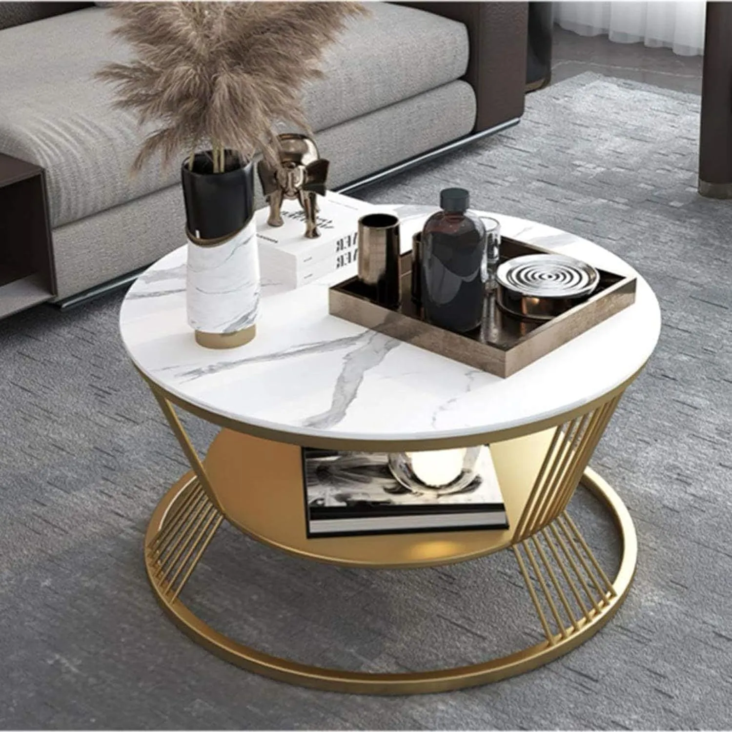 Welltrade Shoppee Modern Marble Round Coffee Table Double -Layer 2 Tier Sofa Center Table Modest Luxury Tea Coffee Table Perfect for Living Room Gold Metal Frame (Gold & White)